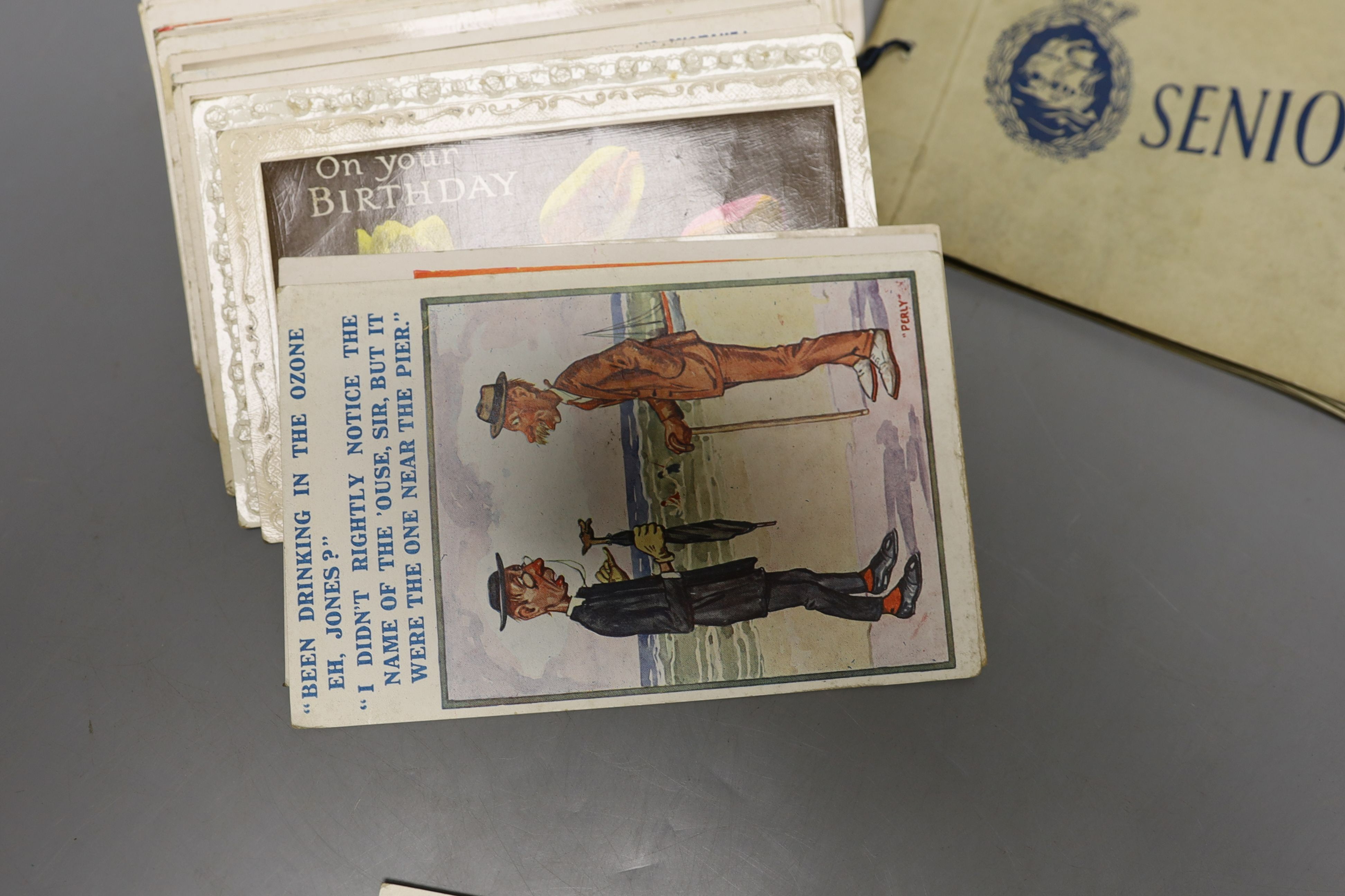 Assorted humorous postcards and cigarette cards, to include D. Tempest, Agnes Richardson, Reg Arter and others